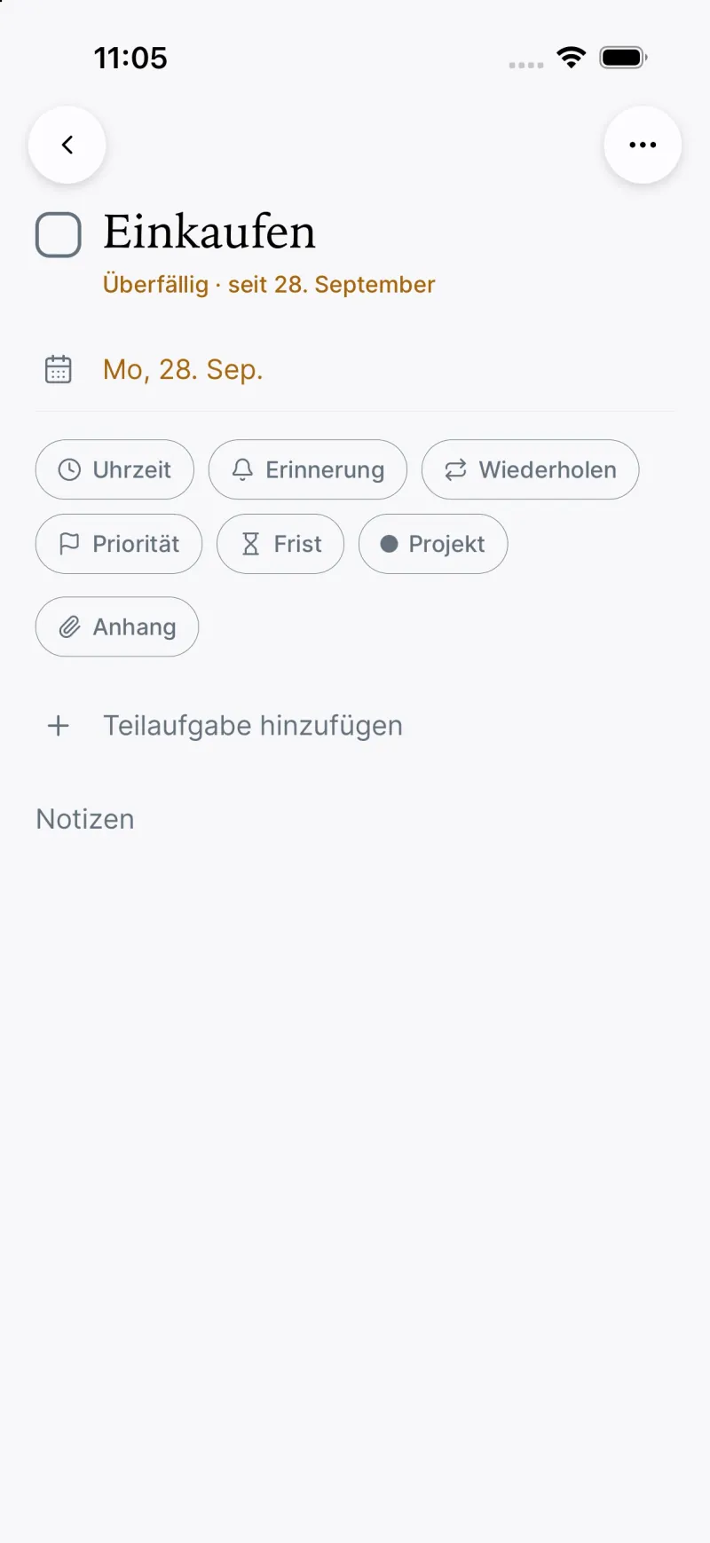 The task “Einkaufen” (shopping) in detail, with options for time, reminder, repeat, priority, deadline, project and attachment.