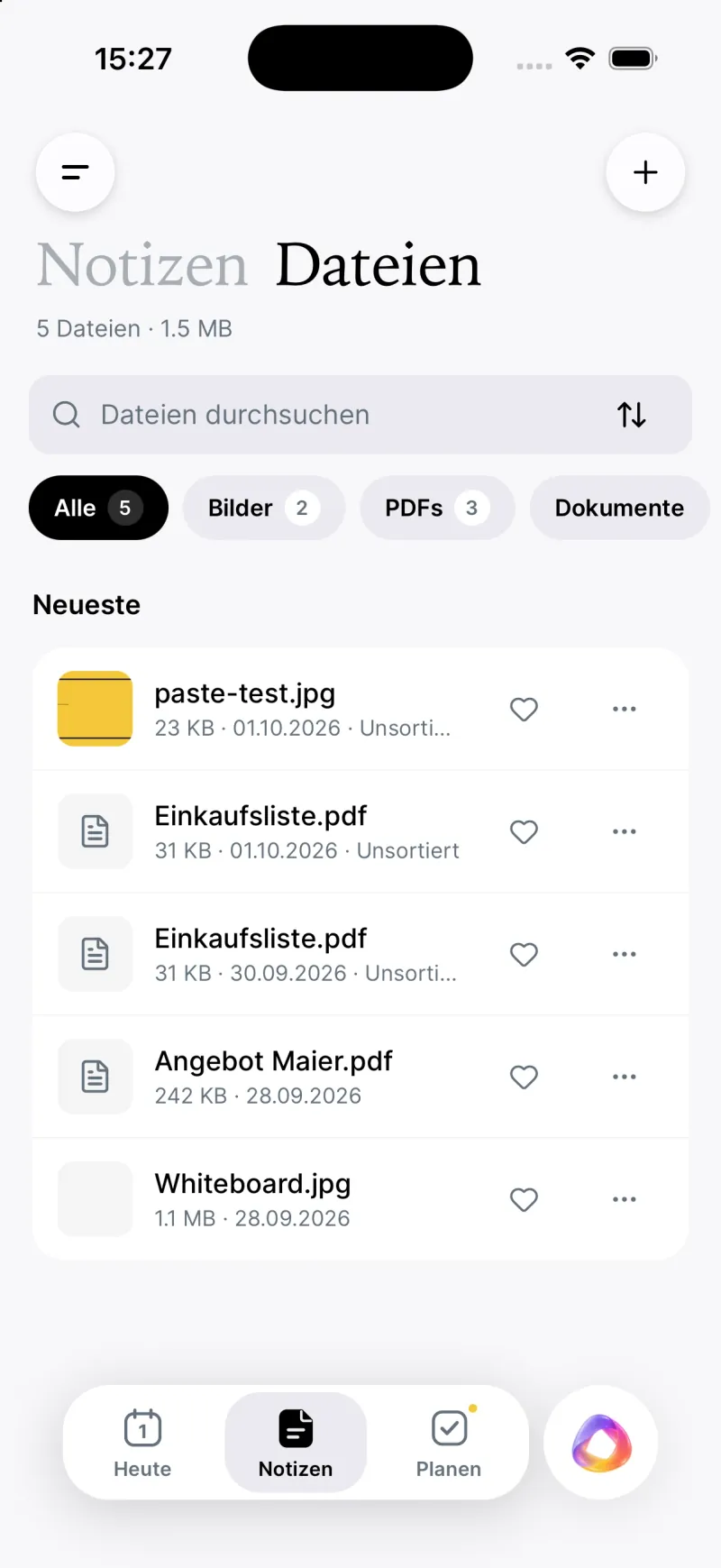 The Files view with filters for images, PDFs and documents and a list of the latest files (German interface).