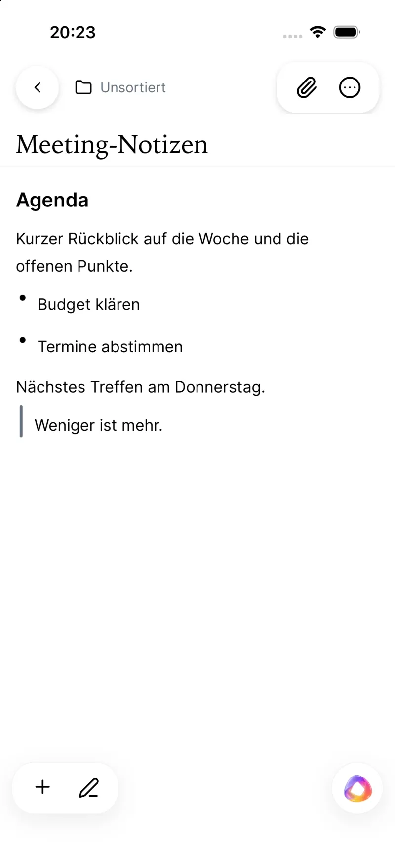 A note called “Meeting-Notizen” with a heading, a bulleted list and a quote in the editor.