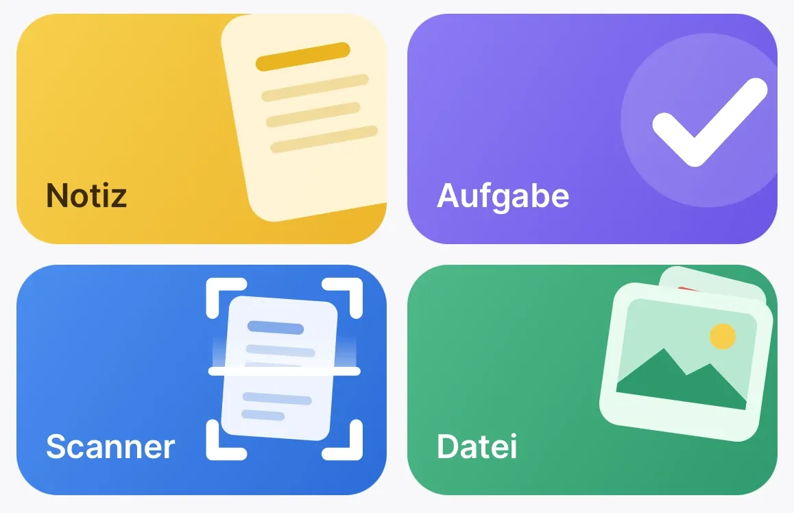 The create menu with four tiles: note, task, scanner and file (German interface).