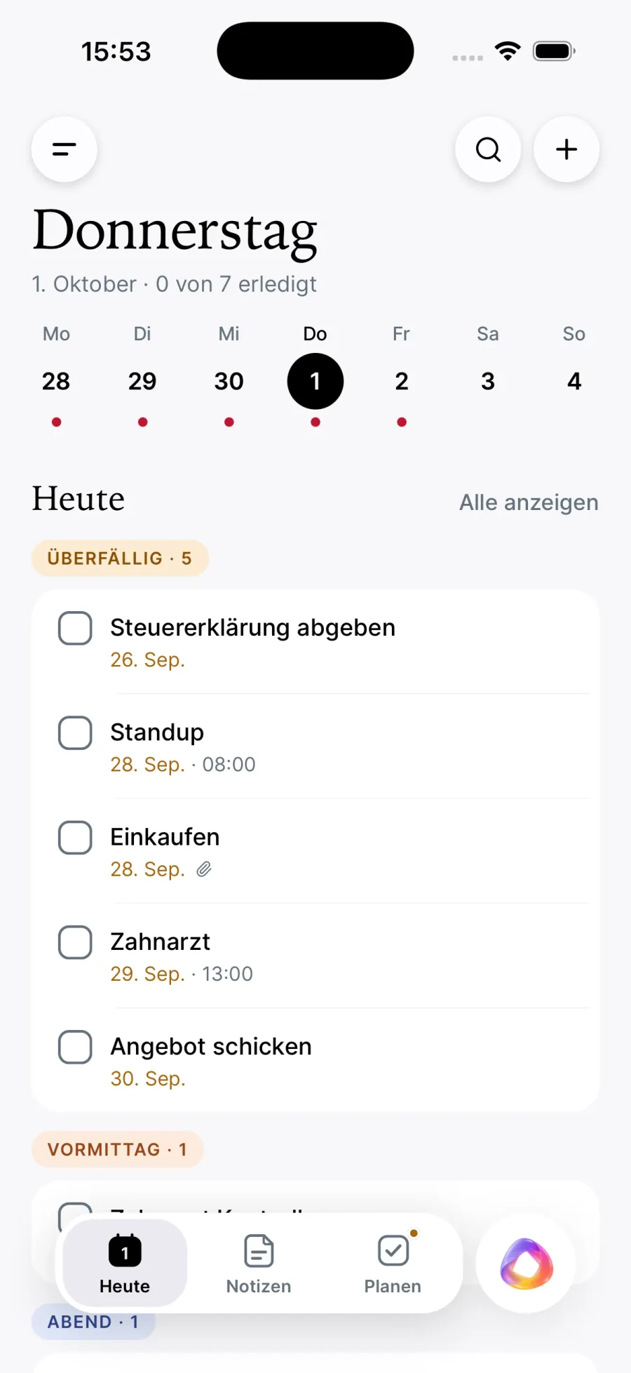 Memendo on iPhone: the Today tab with the week strip and the day’s tasks, overdue ones marked in amber.