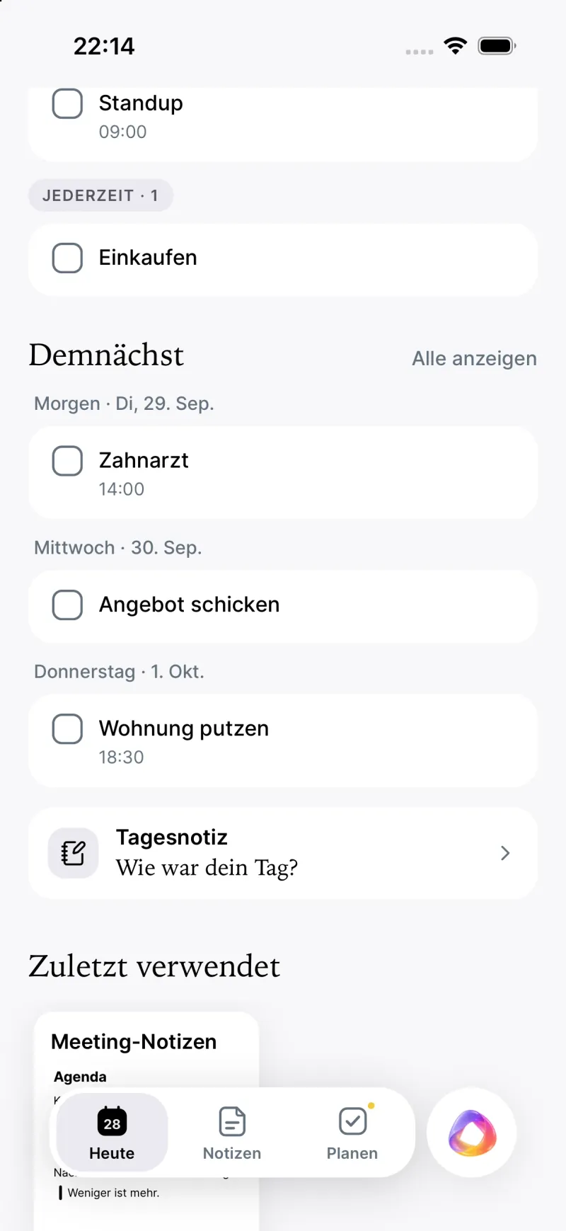 The Today tab further down: upcoming tasks, the daily note asking how your day was, and recently used notes (German interface).