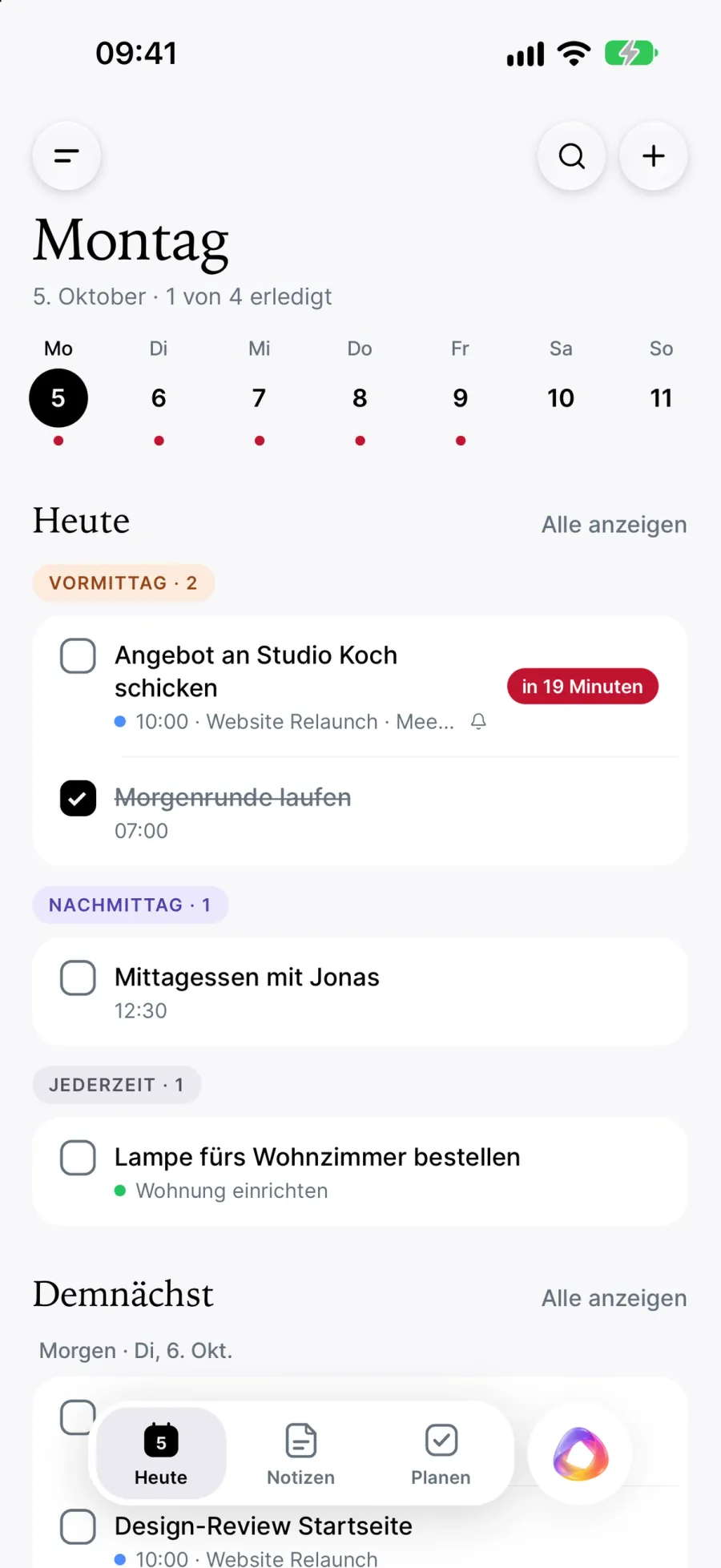 Memendo auf dem iPhone: der Heute-Tab für Montag, 5. Oktober, mit Wochenleiste und den Aufgaben des Tages nach Vormittag, Nachmittag und Jederzeit, darunter, was demnächst ansteht.