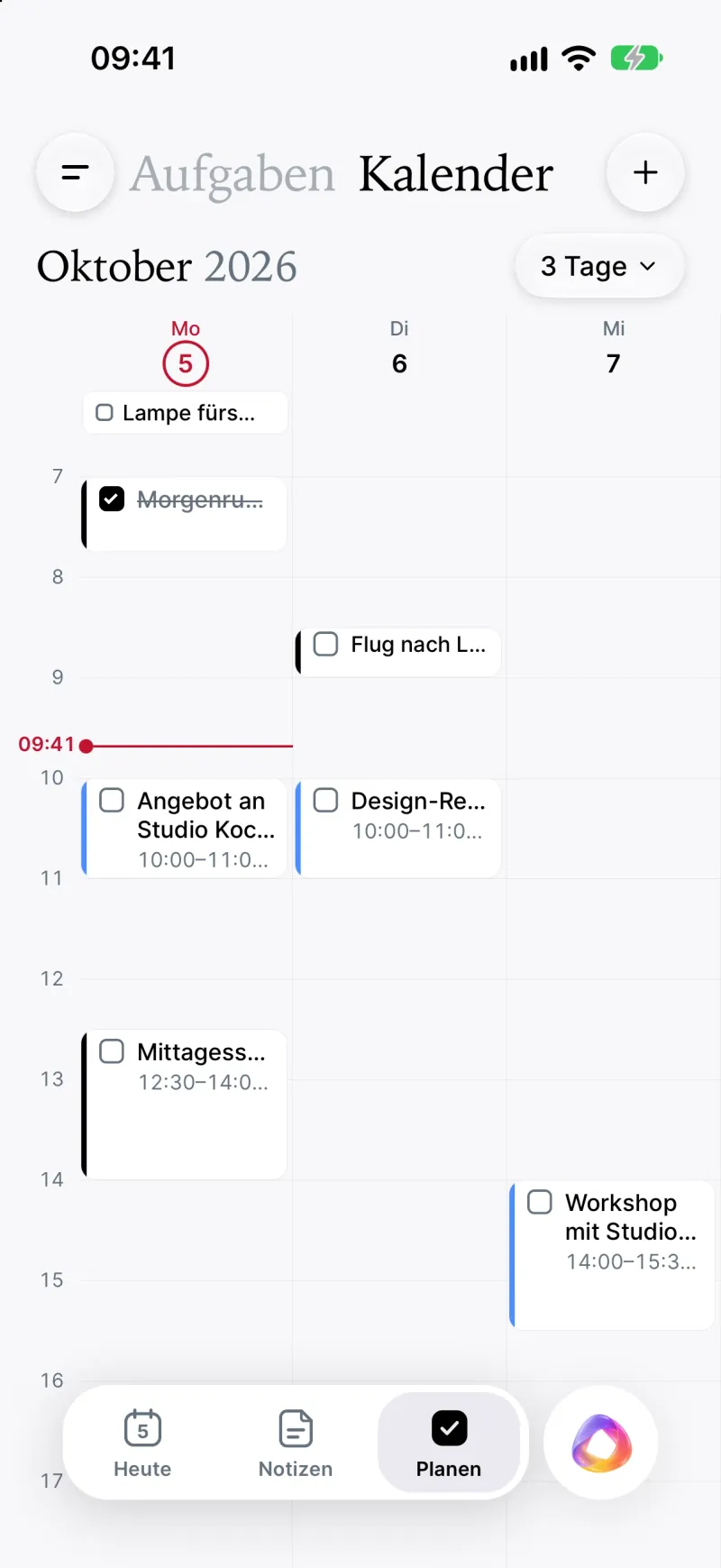 Kalender in der Ansicht „3 Tage“: Montag bis Mittwoch nebeneinander, durch Linien getrennt, die Aufgaben als Blöcke im Stundenraster und eine rote Linie für die aktuelle Uhrzeit.