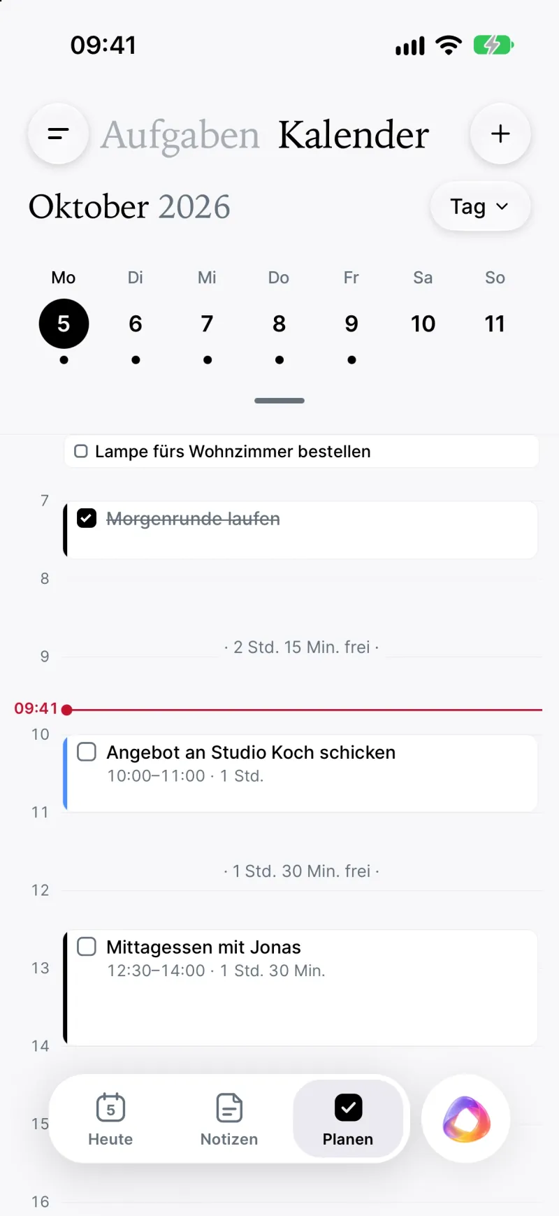Planen-Tab mit dem Kalender in der Ansicht „Tag“: Wochenleiste, darunter die ganztägige Aufgabe „Lampe fürs Wohnzimmer bestellen“ über die volle Breite, dann die Aufgaben als Blöcke im Stundenraster, freie Zeit dazwischen und eine rote Linie für die aktuelle Uhrzeit.