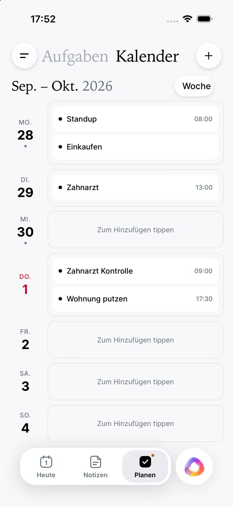 The calendar in week view: tasks from Monday to Sunday, with today marked in red (German interface).