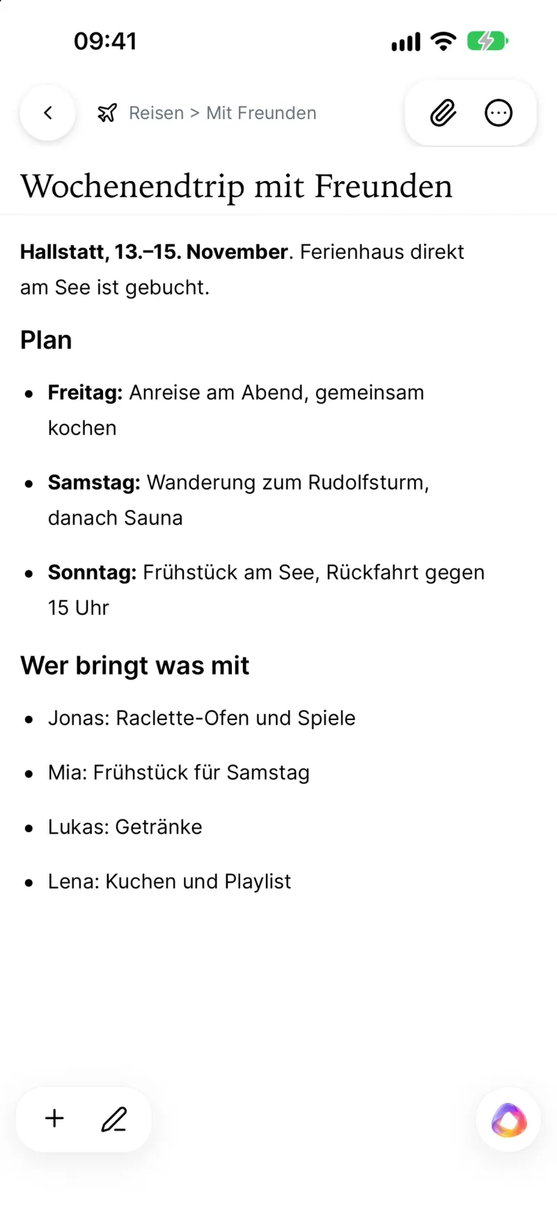 Die Notiz „Wochenendtrip mit Freunden“ im Ordner Reisen › Mit Freunden, mit Zwischenüberschriften, fett gesetzten Tagen und Aufzählungen.