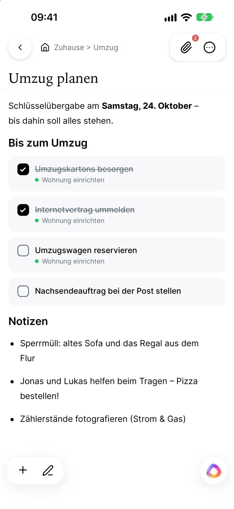 Die Notiz „Umzug planen“ im Ordner Zuhause › Umzug: Aufgaben als Checkliste, zwei davon erledigt, darunter Notizen als Aufzählung.