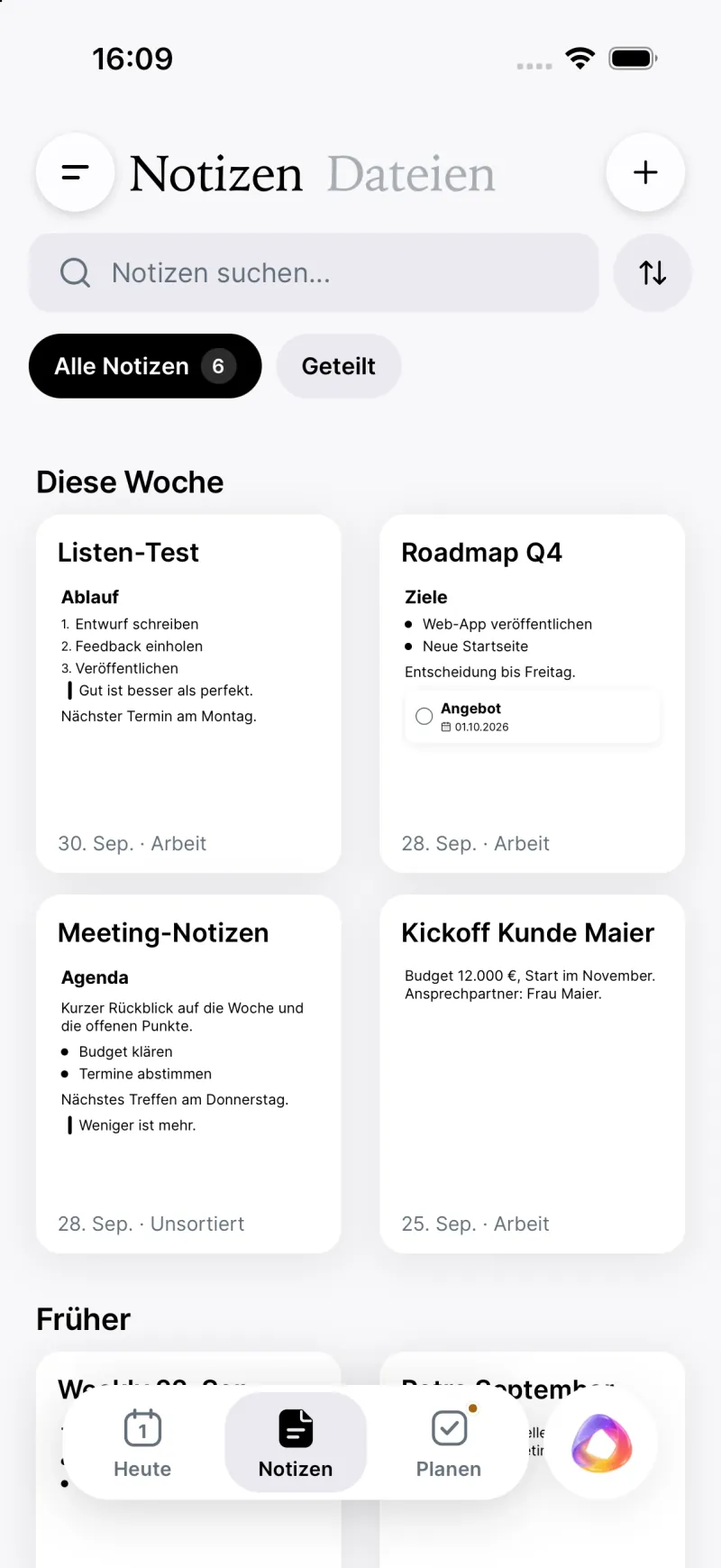 The Notes tab: notes as cards with previews, grouped by week (German interface).