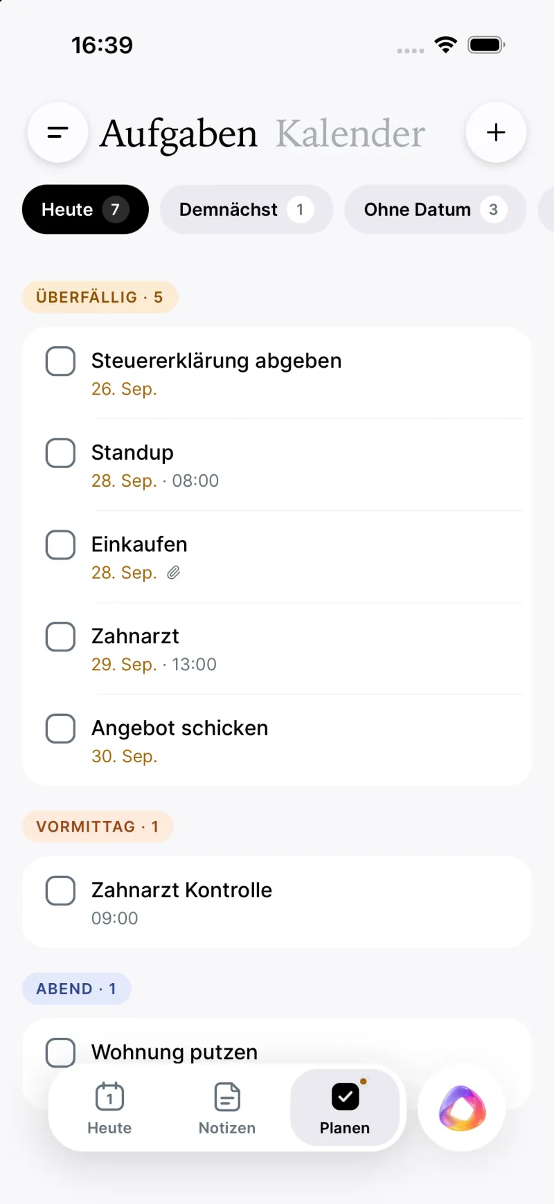 The Plan tab: today’s tasks grouped into overdue, morning and evening (German interface).